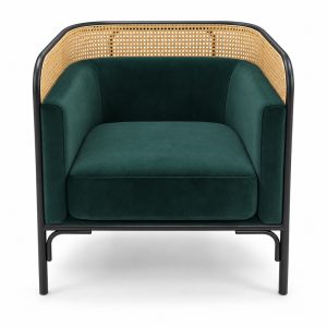 Dark Green Cane-Trimmed Lounge Armchair