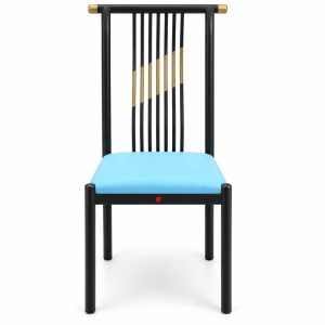 JYX-123 Blue Seat Black Slat-Back Dining Chair front view