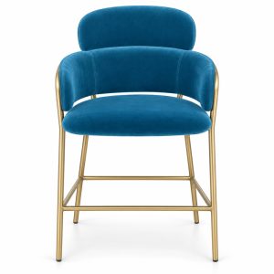 Blue Curved-Back Gold-Frame Bar Stool