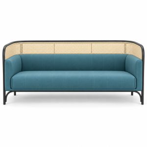 Blue Cushioned Cane-Trimmed Commercial Sofa