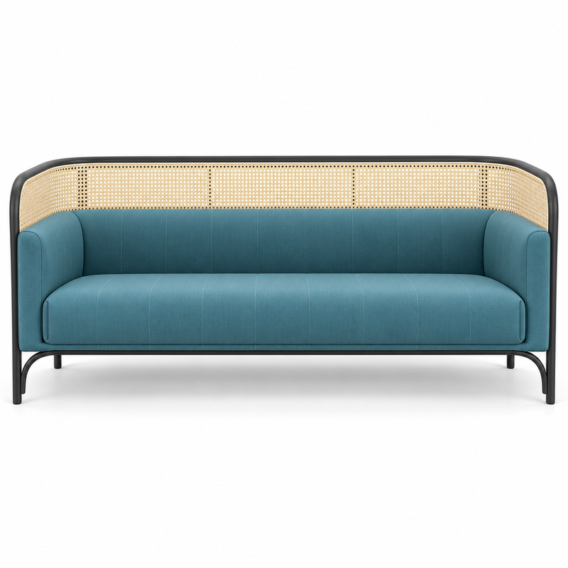 JYX-155 Blue Cushioned Cane-Trimmed Commercial Sofa