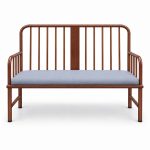 JYX-166 Brown Spindle-Back Two-Seat Bench with Blue-Gray Cushion front view