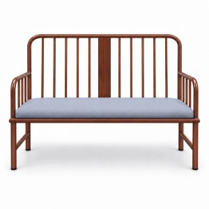 Brown Spindle-Back Two-Seat Bench with Blue-Gray Cushion