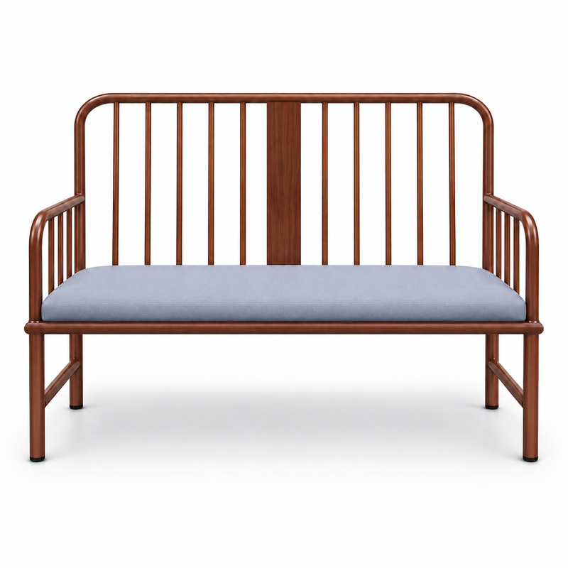 JYX-166 Brown Spindle-Back Two-Seat Bench with Blue-Gray Cushion