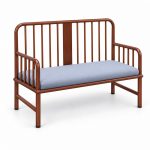 JYX-166 Brown Spindle-Back Two-Seat Bench with Blue-Gray Cushion left 45-degree view