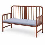 JYX-166 Brown Spindle-Back Two-Seat Bench with Blue-Gray Cushion right 45-degree view