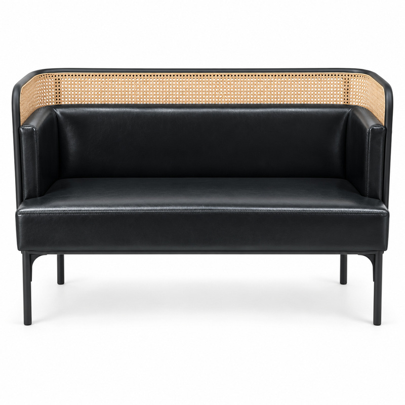 JYX-275 Black Cushioned Cane-Trimmed Commercial Sofa