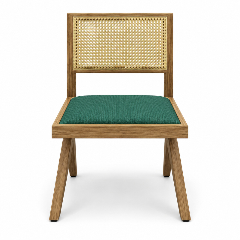 JYX-292 Green Seat Rectangular Cane-Back Dining Chair