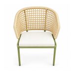 YMX-L-018 Outdoor Green Woven Armchair with Ivory Cushion front view