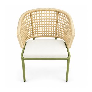 Outdoor Green Woven Armchair with Ivory Cushion