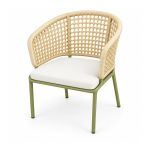 YMX-L-018 Outdoor Green Woven Armchair with Ivory Cushion right 45 view
