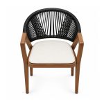 YMX-L-019 Outdoor Black Rope Armchair with Wood-Tone Armrests front view