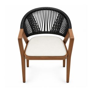 Outdoor Black Rope Armchair with Wood-Tone Armrests