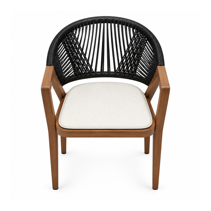 YMX-L-019 Outdoor Black Rope Armchair with Wood-Tone Armrests