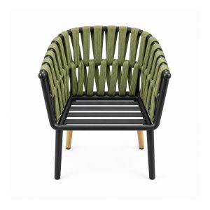 Outdoor Green Woven Armchair with Wood-Tone Legs