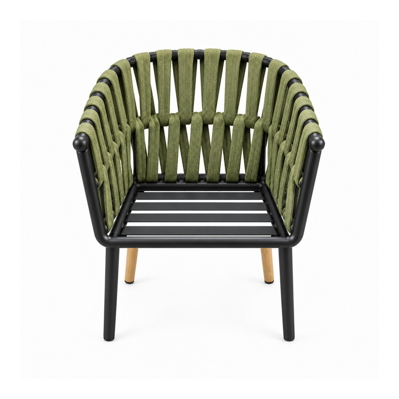 YMX-L-023 Outdoor Green Woven Armchair with Wood-Tone Legs