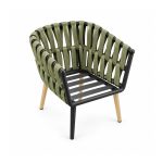 YMX-L-023 Outdoor Green Woven Armchair with Wood-Tone Legs left 45 view