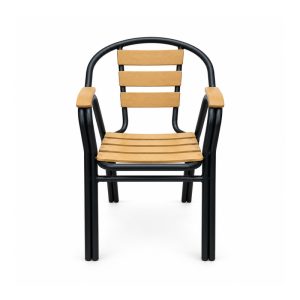 YMX-S-004 Outdoor Wood-Look Slat Armchair with Rounded Black Frame front view