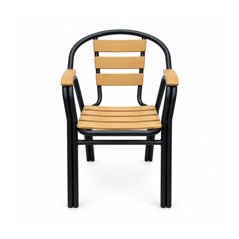 YMX-S-004 Outdoor Wood-Look Slat Armchair with Rounded Black Frame