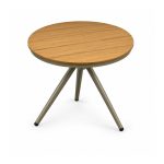 YMX-S-115 Outdoor Round Wood-Look Slat Cross-Leg Table left 45 view